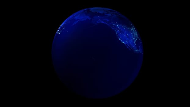 Earth from space on black background showing North America and Asia. The night half of the Globe.