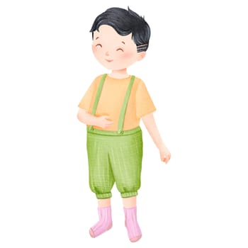 An illustration featuring a joyful child in green overalls and pink socks, smiling happily while standing