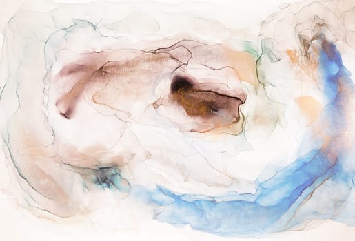 Close-up photo of contemporary abstract painting with blue and brown swirls on white background. Inks form unique, mesmerizing pattern resembling clouds or water.
