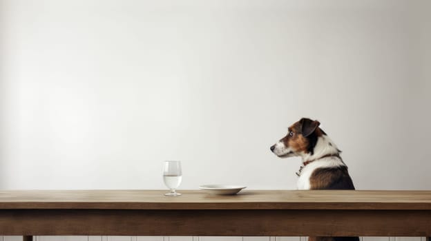 A young dog eats food from a bowl in a bright room. Concept of care and concern for pets.