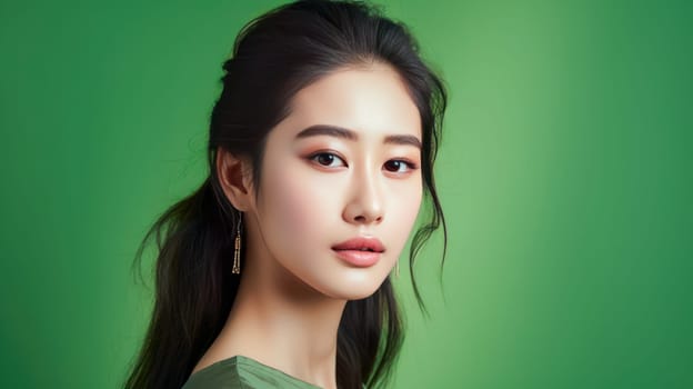 Portrait of a beautiful, sexy, smiling Asian woman with perfect skin, on a light green background, banner. Advertising of cosmetic products, spa treatments, shampoos and hair care products, medicine, perfumes and cosmetology