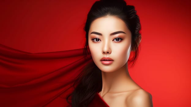 Portrait of a beautiful, sexy, smiling Asian woman with perfect skin, on a red background, banner. Advertising of cosmetic products, spa treatments, shampoos and hair care products, medicine, perfumes and cosmetology