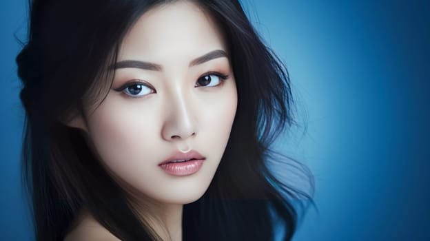 Portrait of a beautiful, sexy, smiling Asian woman with perfect skin, dark blue background, banner. Advertising of cosmetic products, spa treatments, shampoos and hair care products, medicine, perfumes and cosmetology