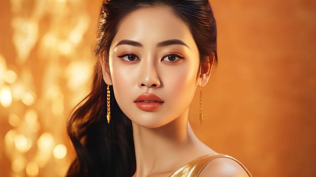 Portrait of a beautiful, sexy, smiling Asian woman with perfect skin, golden background, banner. Advertising of cosmetic products, spa treatments, shampoos and hair care products, medicine, perfumes and cosmetology