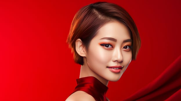 Portrait of a beautiful, sexy, smiling Asian woman with short hair, with perfect skin, red background, banner. Advertising of cosmetic products, spa treatments, shampoos and hair care products, medicine, perfumes and cosmetology