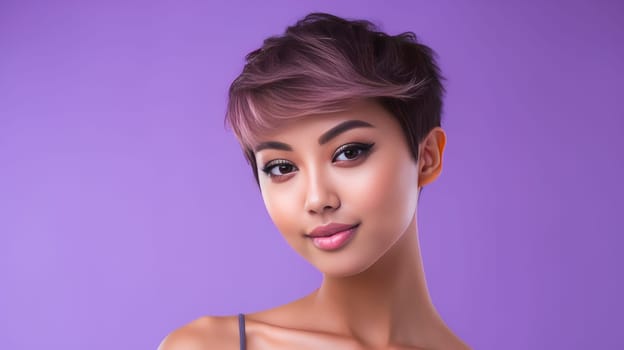 Portrait of a beautiful, sexy, smiling Asian woman with short hair, with perfect skin, purple background, banner. Advertising of cosmetic products, spa treatments, shampoos and hair care products, medicine, perfumes and cosmetology