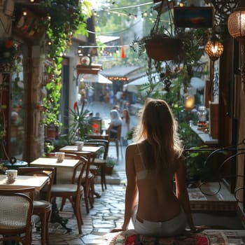 A young woman, wearing a white tank top and white pants, sits alone at a table in a busy outdoor cafe. The cafe is located on a narrow cobblestone street lined with shops and restaurants. Sunlight streams through the trees above, casting shadows on the street and tables below. The woman looks out towards the street, seemingly lost in thought.