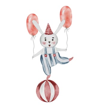Circus banny watercolor. Cute animal on the ball vintage hand drawing. Baby clip art isolated on white retro background. Ideal for nursery posters, cards and entertainment invitations. High quality photo