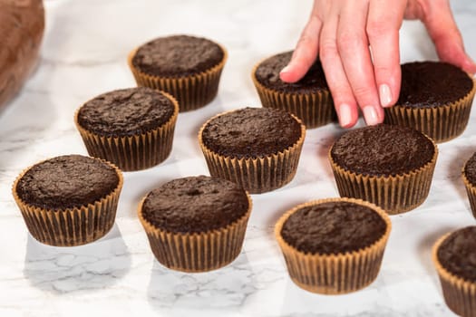 Delicate swirls of rich chocolate icing are meticulously piped onto each chocolate cupcake, creating an irresistible treat.