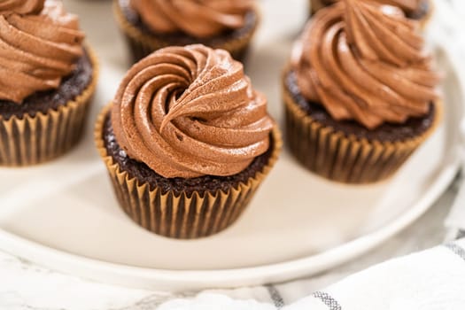 Freshly baked cupcakes have been masterfully infused with rich caramel and adorned with velvety chocolate frosting, all elegantly presented on a pristine white serving plate.