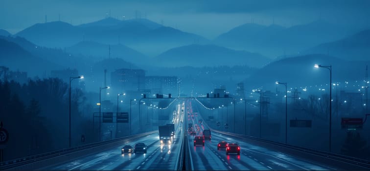 This image depicts a nighttime highway scene with several cars driving along a wet road. The highway is lit by streetlights, and the cars headlights are visible in the distance. There is a thick fog in the air, and the background features hazy mountains. The overall tone of the image is calm and serene.