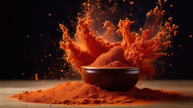 Brochure, graphic resource for spices and food promotions.Powders in motion, concept of explosion of flavours, space for text.