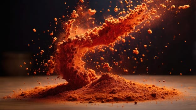 Powders in motion, concept of explosion of flavours, space for text.Brochure, graphic resource for spices and food promotions.