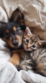 Cute puppy and kitten hugging together in a bed looking up at the camera.