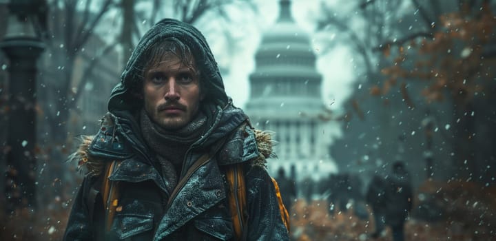 A man in a hooded jacket walks through a snowy park in Washington, DC. The US Capitol Building is visible in the background. The man appears to be bundled up for the cold weather.