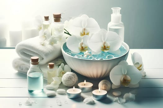 Light spa still life on a white wooden table.