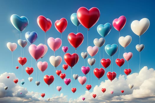 heart-shaped balloons against a clear blue sky.