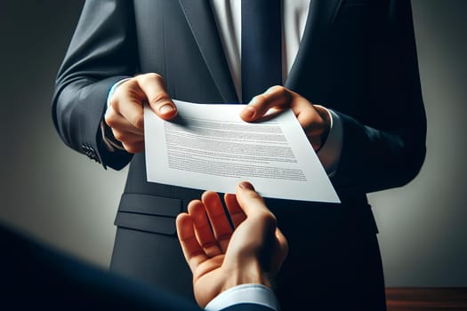 conclusion of a contract, a man in a business suit passes the document to another businessman.