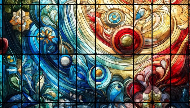 horizontal background of stained glass in abstract and floral style.
