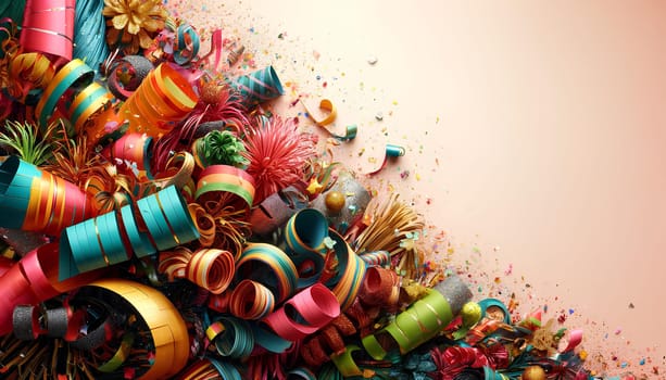 a festive background of party poppers, streamers, and confetti, copy space.
