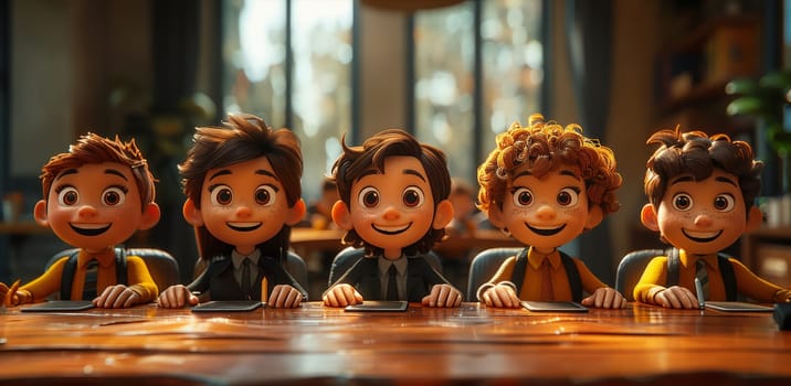 A group of five animated school children, with brown hair, are sitting at a wooden desk. They are smiling and looking at the camera. The children are wearing yellow and blue shirts and black pants, and they have black ties. The room appears to be a classroom.