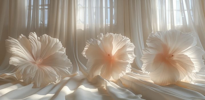 A close-up photograph of three white flowers with a delicate texture. The flowers are positioned on a white fabric surface, bathed in soft sunlight filtering through sheer curtains. The image has a gentle and airy feel, highlighting the delicate beauty of the flowers.