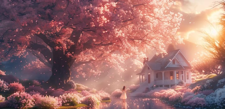 The image depicts a woman in a white dress walking through a field of pink flowers, a large pink cherry blossom tree, and a small white cottage. The scene is bathed in warm, golden light, and the air is filled with falling petals. The scene evokes a feeling of peace, beauty, and tranquility.