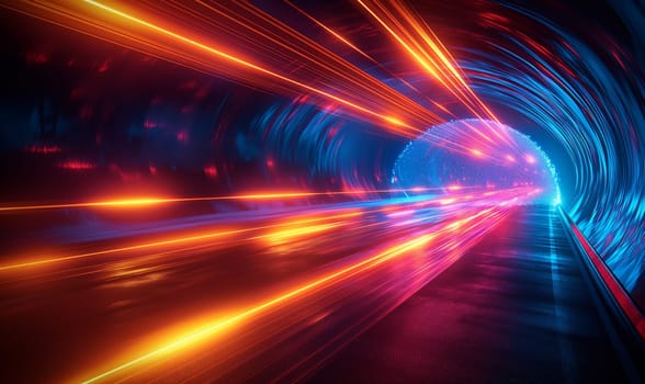A tunnel with neon lights depicting speed, abstract motion, and futuristic glowing colors