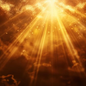 Golden sun rays shine through the clouds in the sky, creating a bright glow in a heavenly scene.