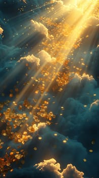 Gold coins falling from the sky through sunlight rays creating a heavenly and ethereal cloudscape