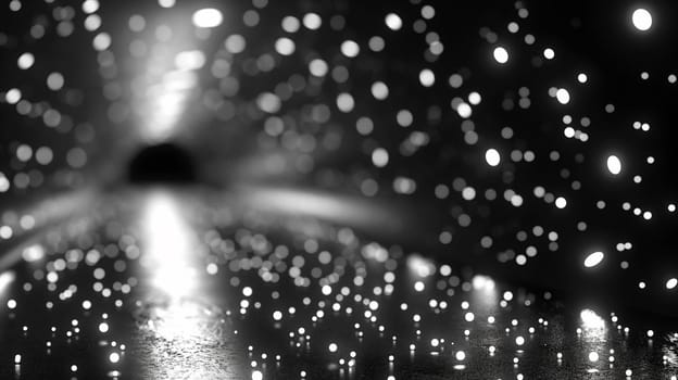 Black and white tunnel with abstract glowing bokeh lights and shimmering dots in a dark background