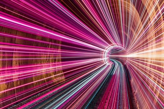 Futuristic tunnel with neon lights and vibrant colors in a long-exposure, abstract interior shot
