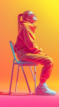 A model in a striking orange tracksuit and bold sunglasses sits confidently on a blue chair, exuding fashion and attitude under neon lights - Generative AI