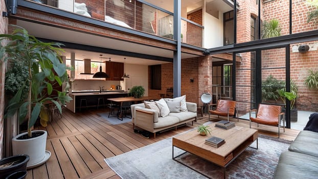 A spacious living area seamlessly blends with an outdoor patio, featuring exposed brick walls, wooden decking, and comfortable furnishings - Generative AI