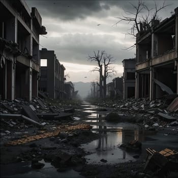 Photograph of destroyed buildings and houses due to the war. Mass destruction. Lifeless cities. Combat operations on the territory of civilians. Concrete, stones and glass shards.