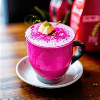 Photo of pink matcha from bright dragon fruit powder. It is rich in vitamins and minerals. Sweet taste reminiscent of a mixture of strawberries and kiwi.