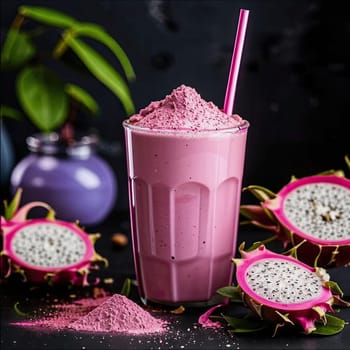 Photo of pink matcha from bright dragon fruit powder. It is rich in vitamins and minerals. Sweet taste reminiscent of a mixture of strawberries and kiwi.