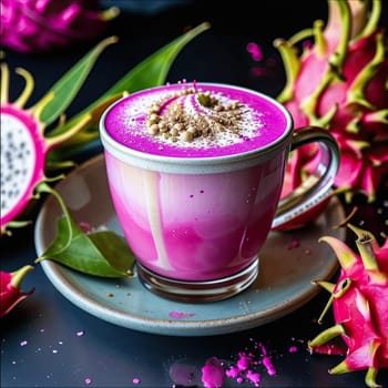 Photo of pink matcha from bright dragon fruit powder. It is rich in vitamins and minerals. Sweet taste reminiscent of a mixture of strawberries and kiwi.