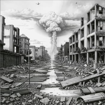 A photograph of a nuclear explosion against the backdrop of destroyed buildings and vacant lots and people. Military combat operations. Nuclear mushroom. Weapons of mass destruction.