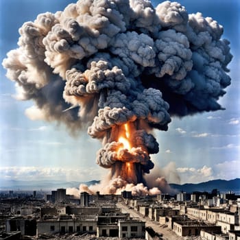 A photograph of a nuclear explosion against the backdrop of destroyed buildings and vacant lots and people. Military combat operations. Nuclear mushroom. Weapons of mass destruction.