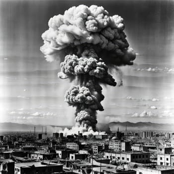 A photograph of a nuclear explosion against the backdrop of destroyed buildings and vacant lots and people. Military combat operations. Nuclear mushroom. Weapons of mass destruction.