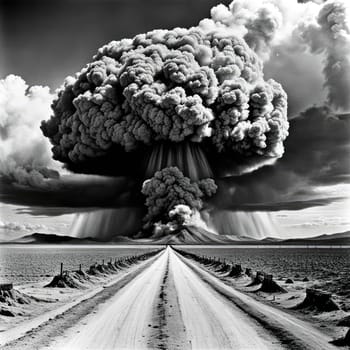 A photograph of a nuclear explosion against the backdrop of destroyed buildings and vacant lots and people. Military combat operations. Nuclear mushroom. Weapons of mass destruction.