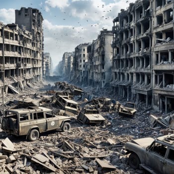 Photograph of destroyed buildings and houses due to the war. Mass destruction. Lifeless cities. Combat operations on the territory of civilians. Concrete, stones and glass shards.