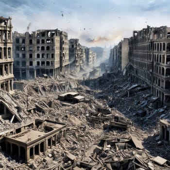 Photograph of destroyed buildings and houses due to the war. Mass destruction. Lifeless cities. Combat operations on the territory of civilians. Concrete, stones and glass shards.