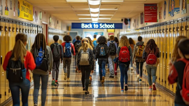 Scene is that of a school day, with students carrying backpacks, Concept back to school.