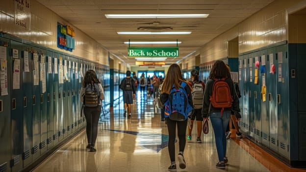 Scene is that of a school day, with students carrying backpacks, Concept back to school.