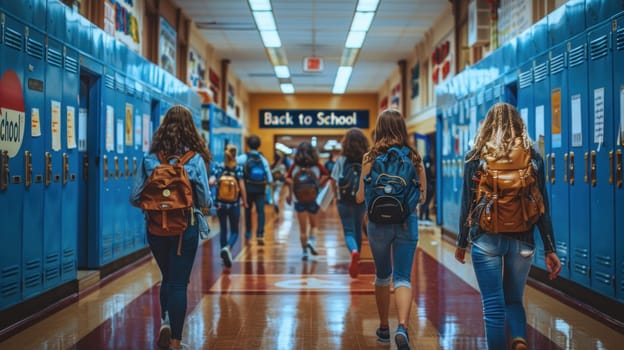 Scene is that of a school day, with students carrying backpacks, Concept back to school.