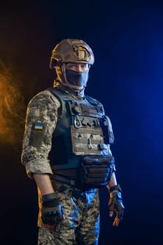 A portrait showcases a soldier in tactical gear against a backdrop of intense orange and blue smoke effects