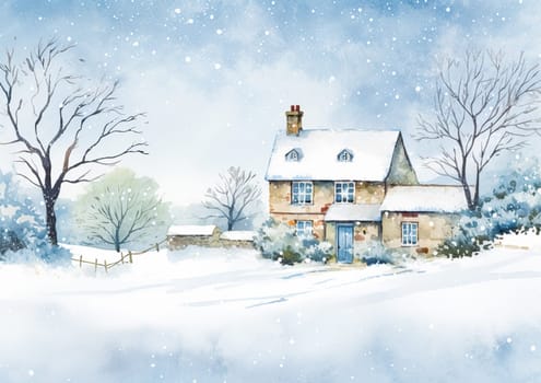 Merry Christmas and Happy Holidays, watercolour printable art print, English countryside cottage as snow winter holiday Christmas card, thank you and diy greeting card design, country style idea