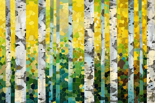 Abstract mosaic of birch trees with green and yellow hues, depicting a lively spring forest scene.